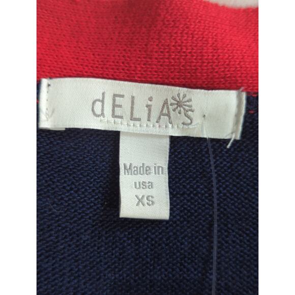 NWT VTG dELiAs Womens Cardigan XS Navy Red Striped Trim Acrylic Button Front - Picture 2 of 12